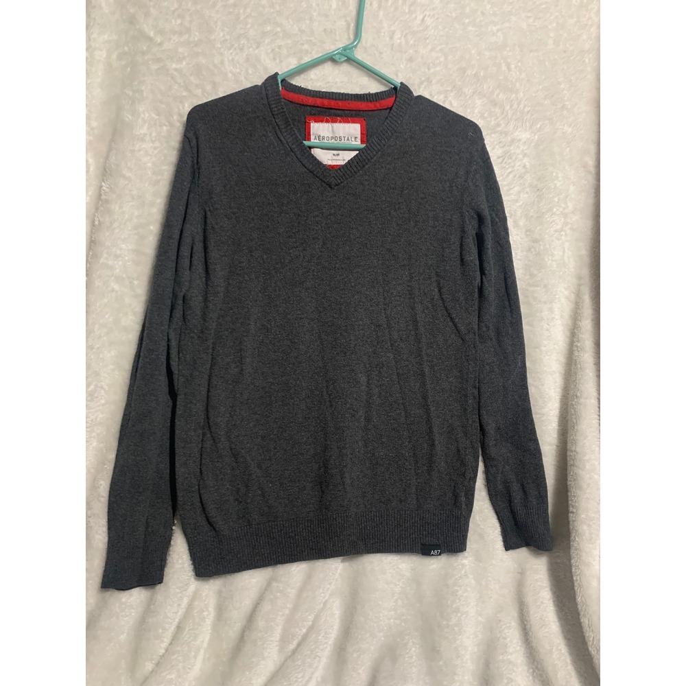Aeropostale Mens V-Neck Sweater Charcoal Gray Cotton Wool Blend Medium A87